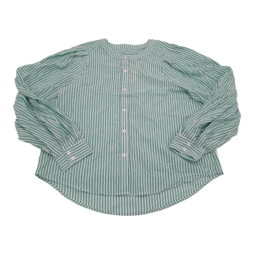 A New Day Women's S Long Balloon-Sleeve Button-Down Femme Green Striped Shirt